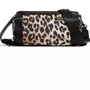 GANNI Recycled Tech Barrel Bag Women's One Size Brown Leopard Print Zip Closure